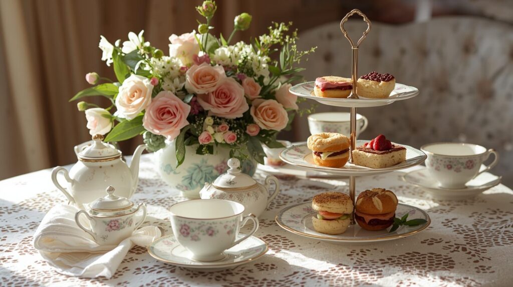 tea cups and treats on nicely placed table with flower arrangement