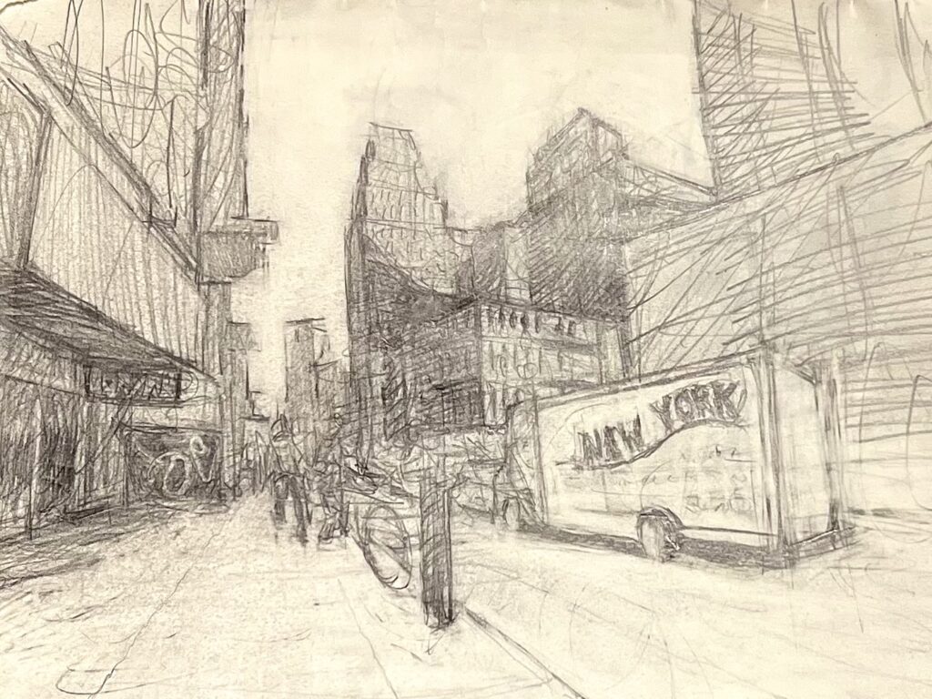 Drawing of buildings, people and vehicle in urban sketching style.
