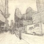 Drawing of buildings, people and vehicle in urban sketching style.