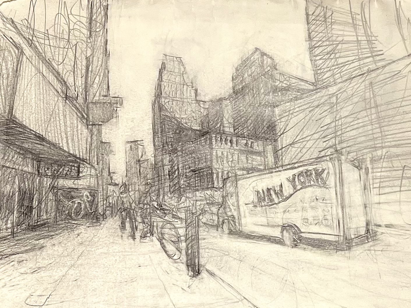 Drawing of buildings, people and vehicle in urban sketching style.