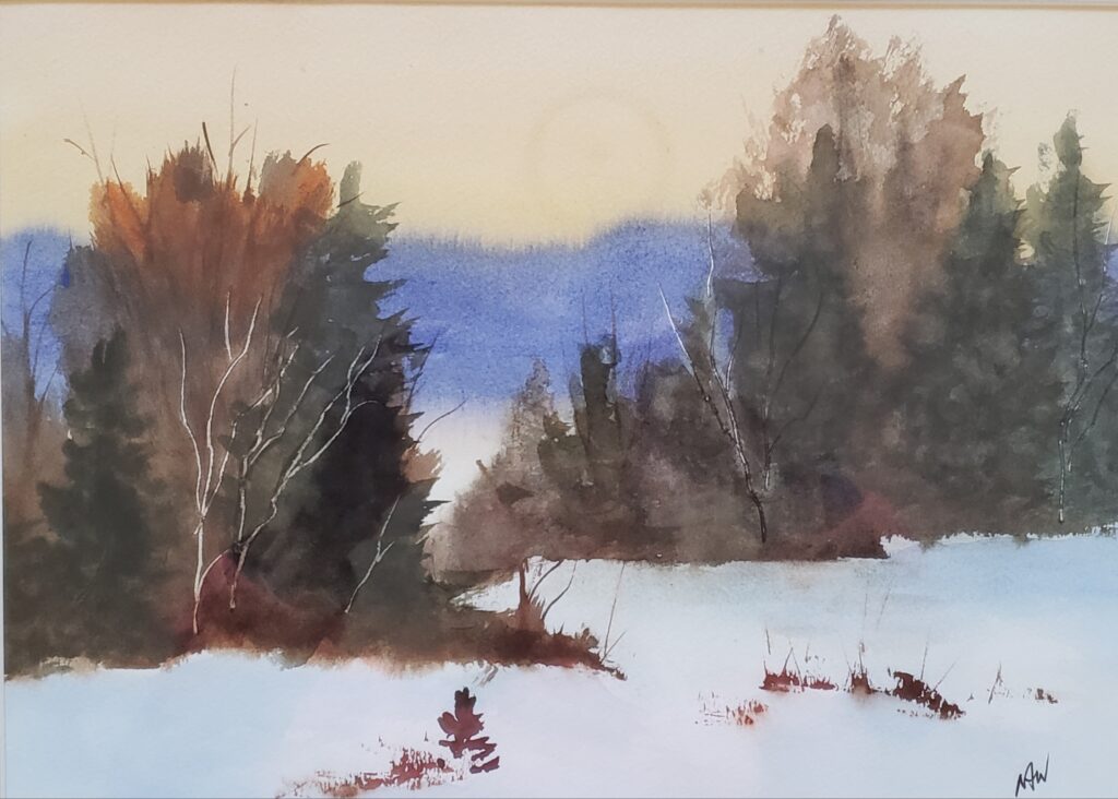 Artwork depicted snowy scene with trees and mountains by Nancy Wentzler