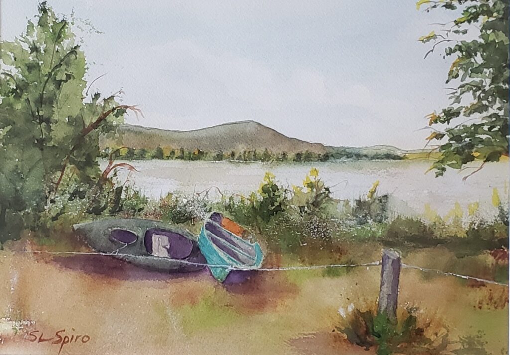 Artwork depicting two boats next to a lake with trees and hills by Sandy Spiro