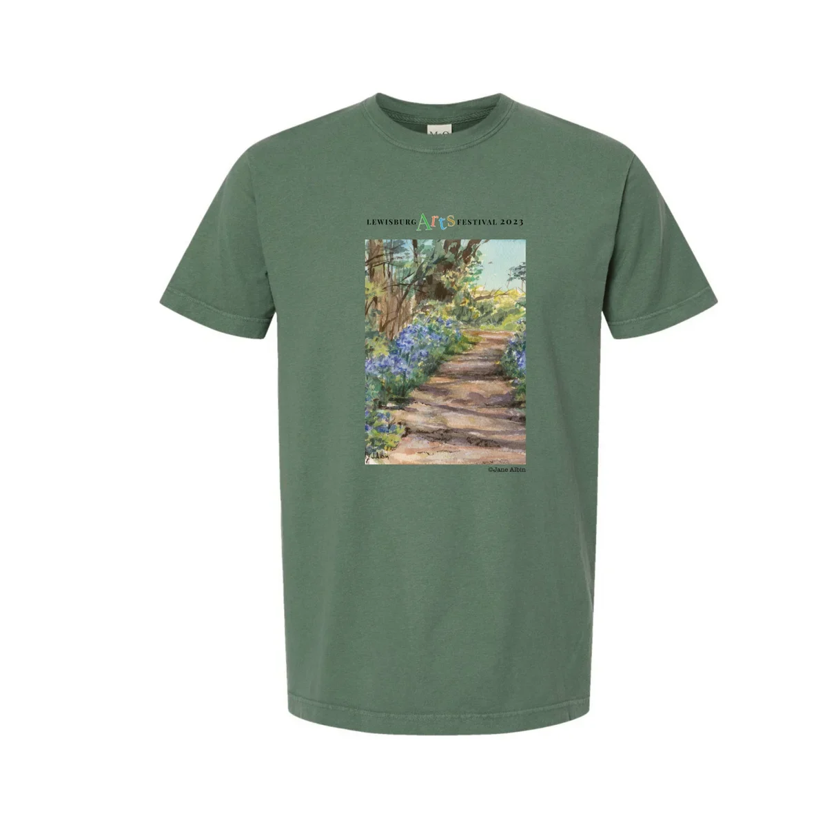 Lewisburg Arts Festival 2023 T-Shirt featuring Jane Albin's artwork on green short sleeve shirt.