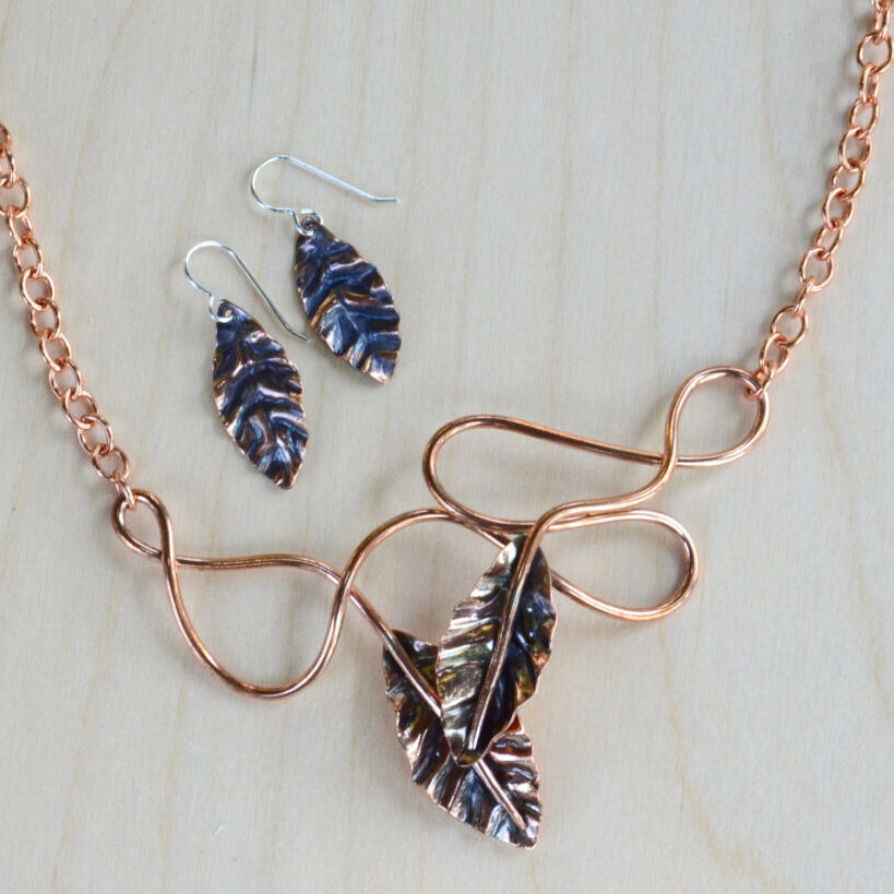 Sincerely Sarah Jewelry copper leaves necklace and earrings